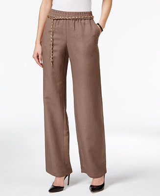 JM Collection Petite Linen-Blend Pull-On Pants with Chain Belt, Only at Macy's - Pants & Capris