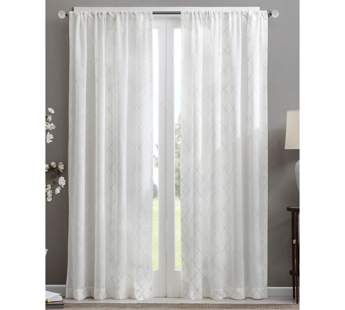 Irina Diamond Sheer Window Curtain, White sheer curtains 84 inches long Single Curtain, Width 50 curtains sheer for Bedroom and Living Room, Easy To H
