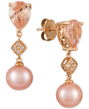 image of Le Vian Peach Morganite (1-1/2 ct. t.w.), Pink Cultured Freshwater Pearl (9mm), and Diamond Accent Drop Earrings in 14k Rose Gold