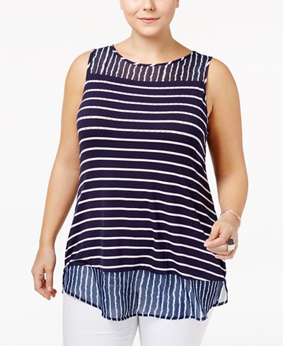 Belldini Plus Size Striped Chiffon-Hem Tank Top