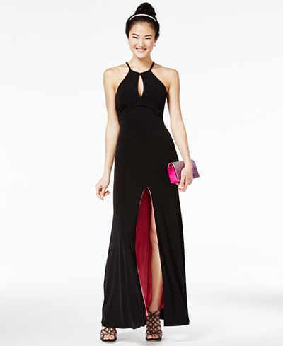 Sequin Hearts Juniors' Contrast-Lined Halter Gown