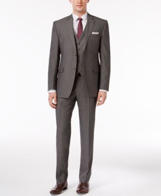 Perry Ellis - Men's Slim-Fit Portfolio Gray Herringbone Vested Suit