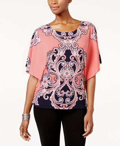 JM Collection Scroll-Print Butterfly-Sleeve Top, Only at Macy's
