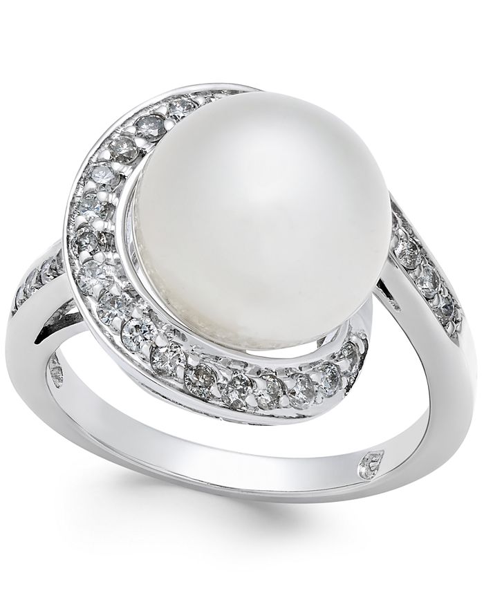Macy's - Cultured South Sea Pearl (11mm) and Diamond (3/8 ct. t.w.) Ring in 14k White Gold