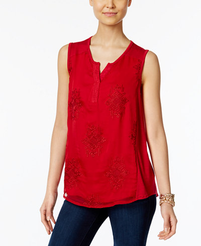Style & Co Split-Neck Embroidered Top, Only at Macy's