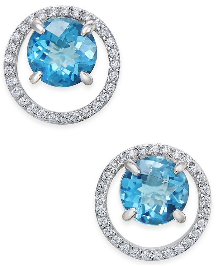Macy's - Gemstone (1-1/2 ct. t.w.) and Diamond (1/6 ct. t.w.) Round Halo Birthstone Stud Earrings in Sterling Silver