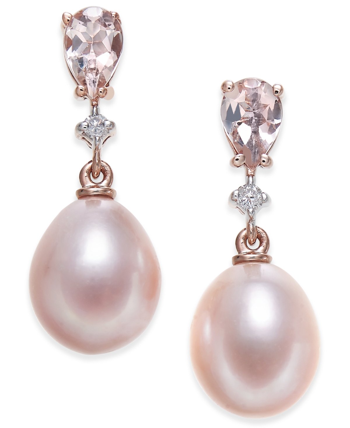 Pink Cultured Freshwater Pearl (8-1/2mm), Morganite (3/4 ct. t.w.) and  Diamond Accent Drop Earrings in 14k Rose Gold