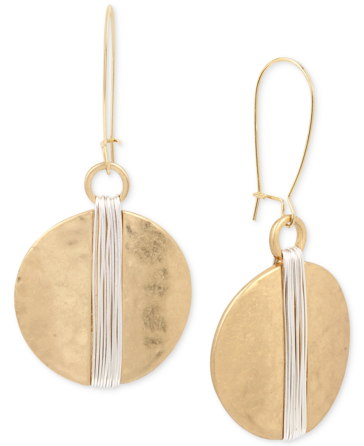 Two-Tone Wire Wrapped Hammered Disc Drop Earrings - Two-Tone