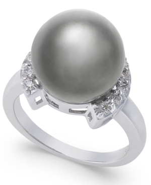 image of Cultured Black Tahitian Pearl (12mm) and Diamond (1/5 ct. t.w.) Ring in 14k White Gold
