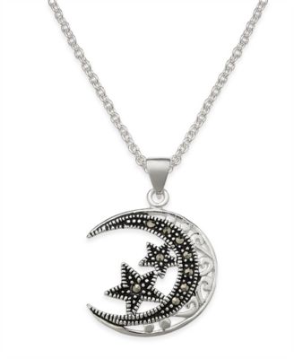 Macy's - Marcasite Filigree Moon and Stars Pendant Necklace in Silver-Plate