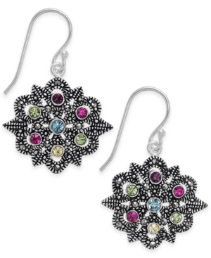 image of Marcasite & Colored Crystal Openwork Drop Earrings in Silver-Plate