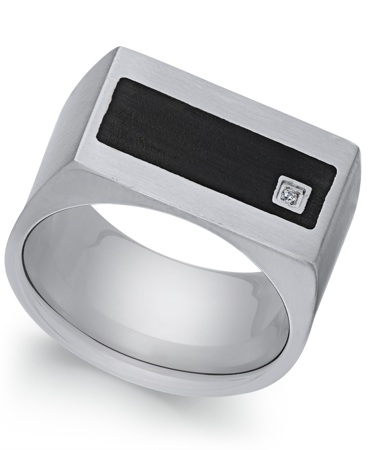 Men's Stainless Steel Cubic Zirconia and Black Enamel Ring - Silver
