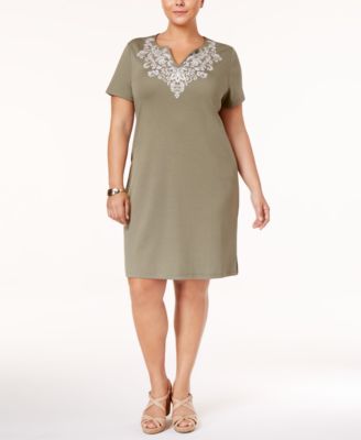 Karen Scott Plus  Size  Cotton  Embroidered T Shirt  Dress  
