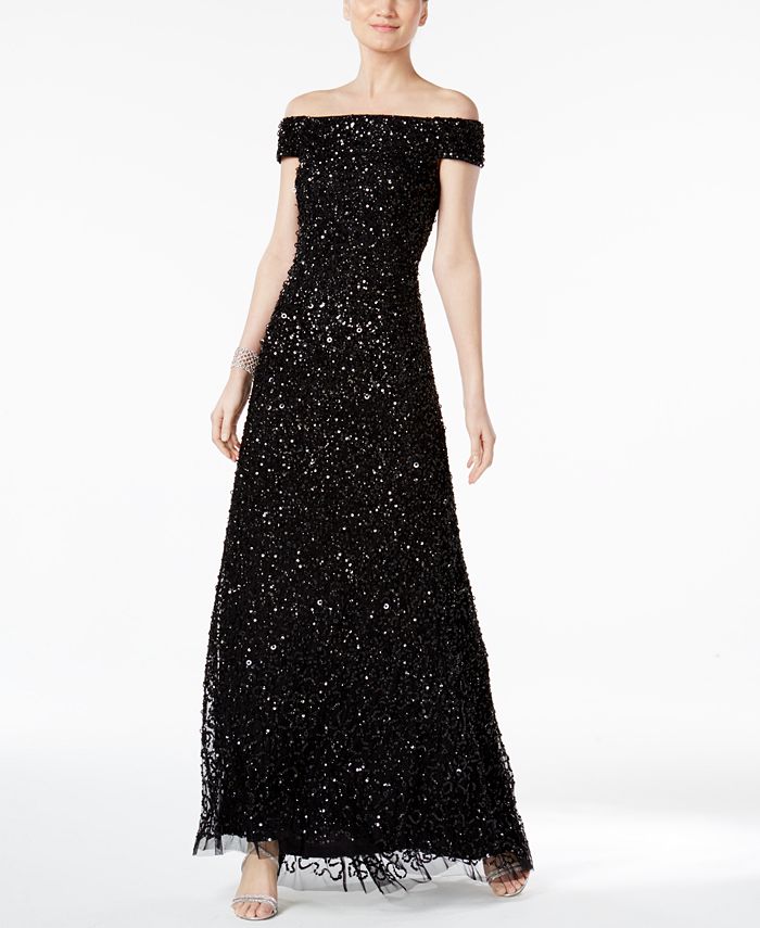 adrianna papell off shoulder sequin gown