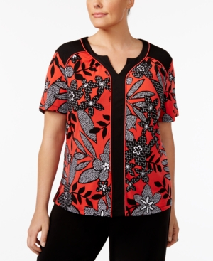Alfred Dunner Plus Size Saratoga Collection Floral-Print Piping Top