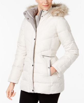 larry levine quilted down faux fur hood coat