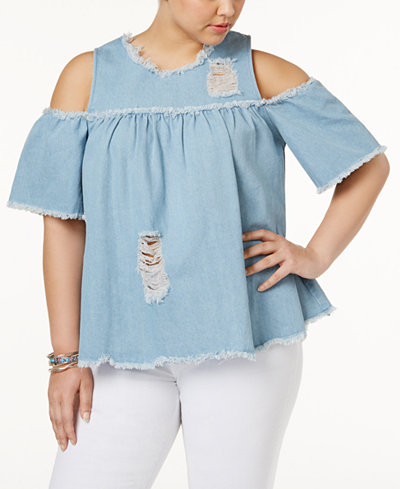 Say What? Trendy Plus Size Ripped Cold-Shoulder Top