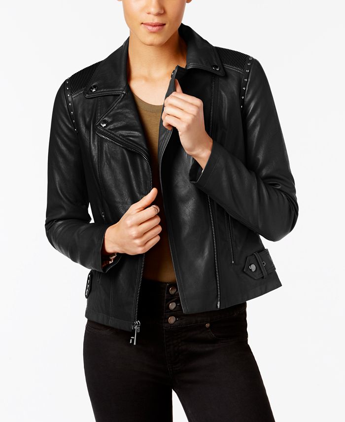 GUESS Studded Faux-Leather Moto Jacket, Created for Macy's - Macy's