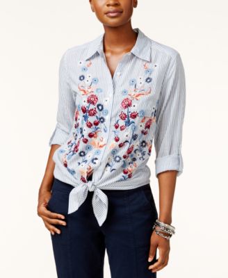 Style & Co - Embroidered Tie-Hem Shirt