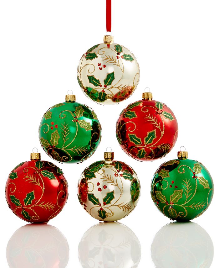 Holiday Lane Set Of 6 Shatterproof Holly Ball Ornaments, Created ...