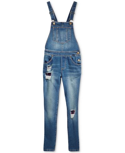 Tommy Hilfiger Distressed Denim Overalls With Plaid Pockets, Big Girls (7-16)