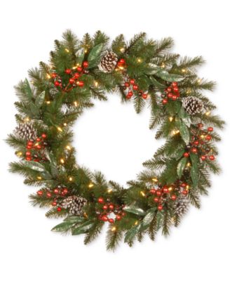 National Tree Company - 30" Frosted Pine Berry Wreath With Pine Cones, Berries, Eucalyptus Leaves & 50 LED Lights