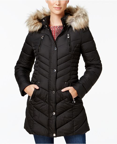 Laundry By Shelli Segal Faux Fur Trim Quilted Puffer Coat