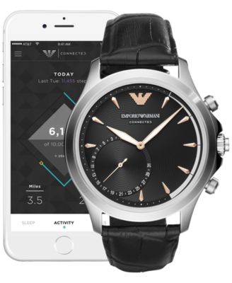 Emporio Armani Men's Connected Black Leather Strap Hybrid Smart Watch 43mm