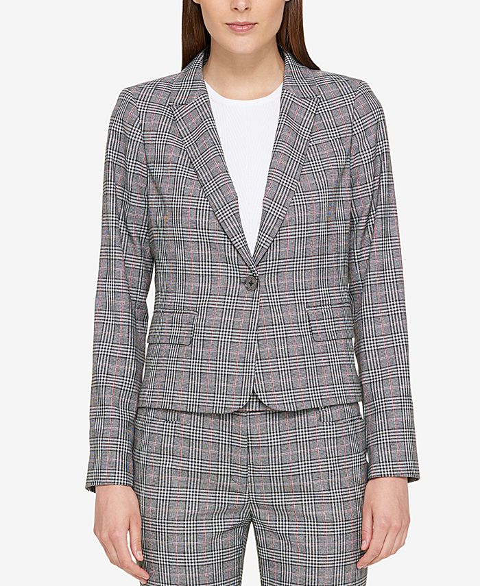 Tommy Hilfiger Women's Plaid One-Button Elbow-Patch Blazer Gray Size 16