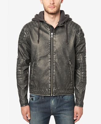 Buffalo David Bitton Men's Faux Leather Hooded Moto Jacket - Coats