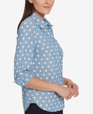 売れ筋商品|||トミー ヒルフィガー カットソー トップス レディース Women's Cotton Printed Roll-Tab Utility Shirt Chambray Tommy Hilfiger Women's Cotton Printed Roll-Tab Utility Shirt