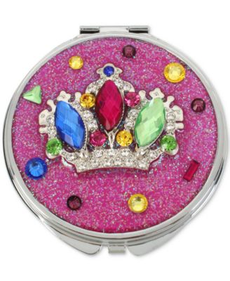 Betsey Johnson - Silver-Tone Multi-Stone Crown Pink Glitter Compact Mirror