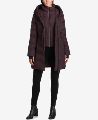 dkny asymmetrical puffer coat with fur hood