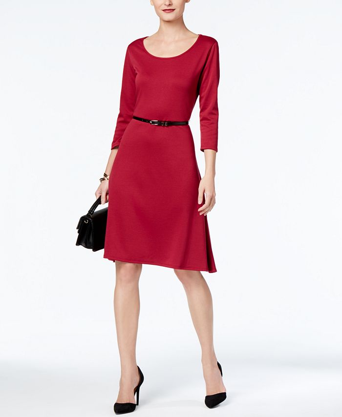 NY Collection Ponté-Knit Belted A-Line Dress - Macy's