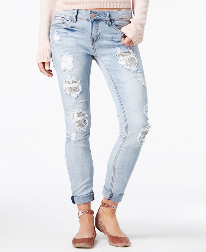 Dollhouse Juniors' Ripped Sequin-Patch Skinny Jeans & Reviews - Jeans ...