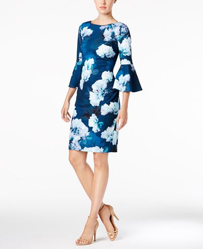 Calvin Klein Floral-Print Bell-Sleeve Sheath Dress - Dresses - Women ...