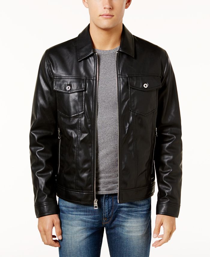 GUESS Men's Benson Faux Leather Trucker Jacket & Reviews - Coats ...