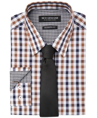 Nick Graham - Men's Fitted Multi Gingham Dress Shirt & Micro Solid Dobby Tie Set