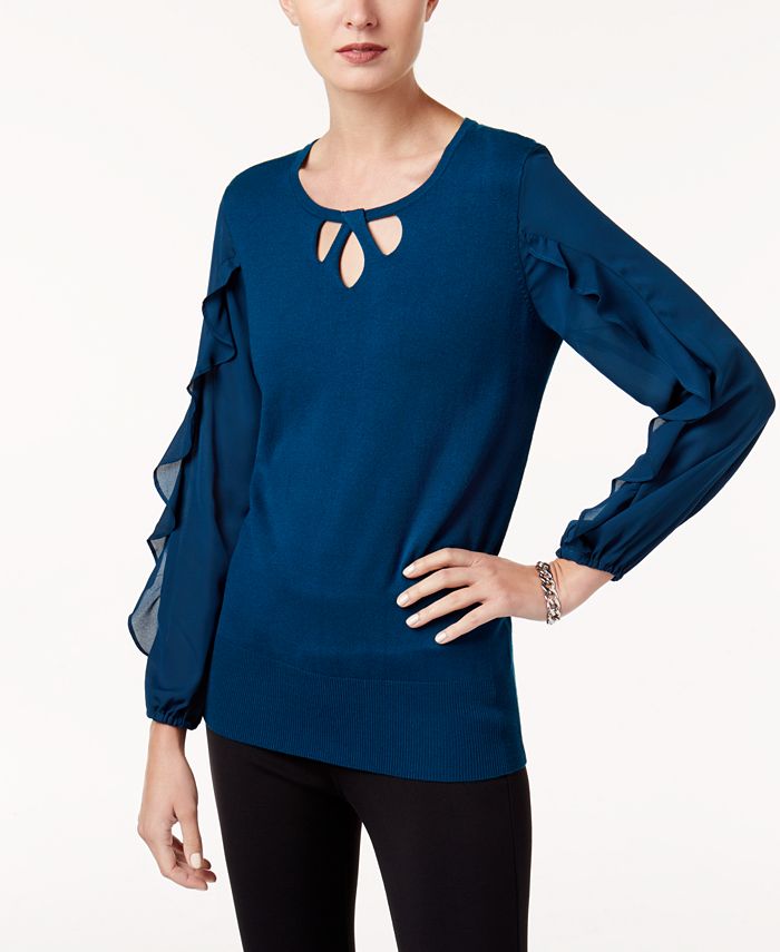 Alfani Petite Ruffle-Sleeve Keyhole Sweater, Created for Macy's - Macy's