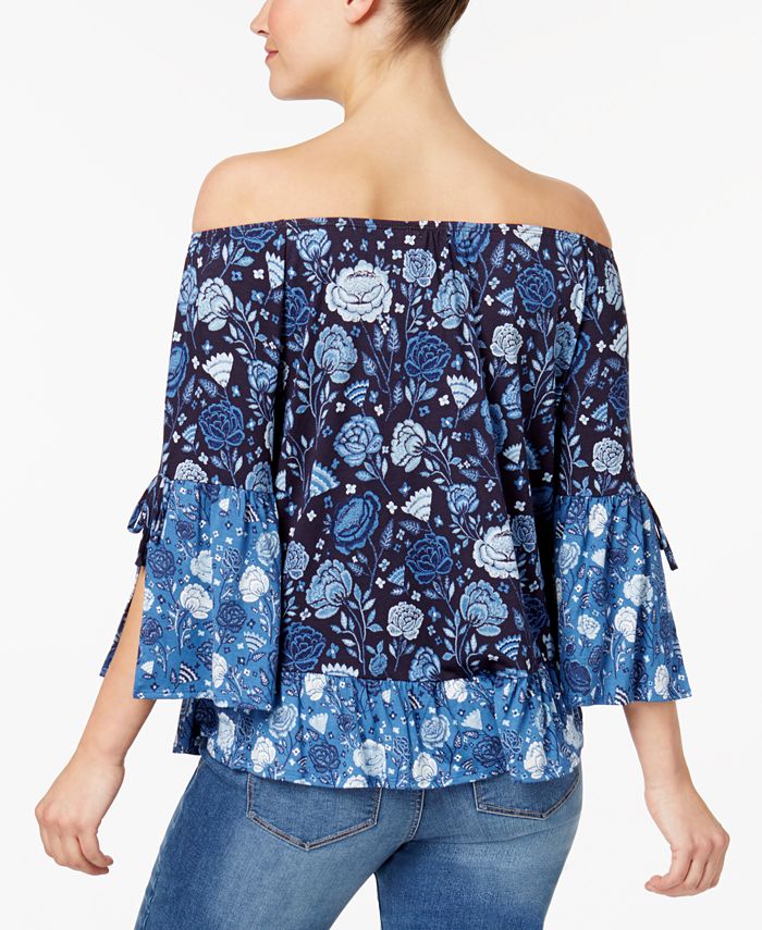 Style & Co Petite Mixed-Print Off-The-Shoulder Top, Created for Macy's ...