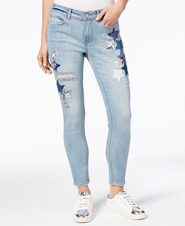 Indigo Rein Juniors' Star-Patch Ripped Skinny Jeans & Reviews - Jeans ...