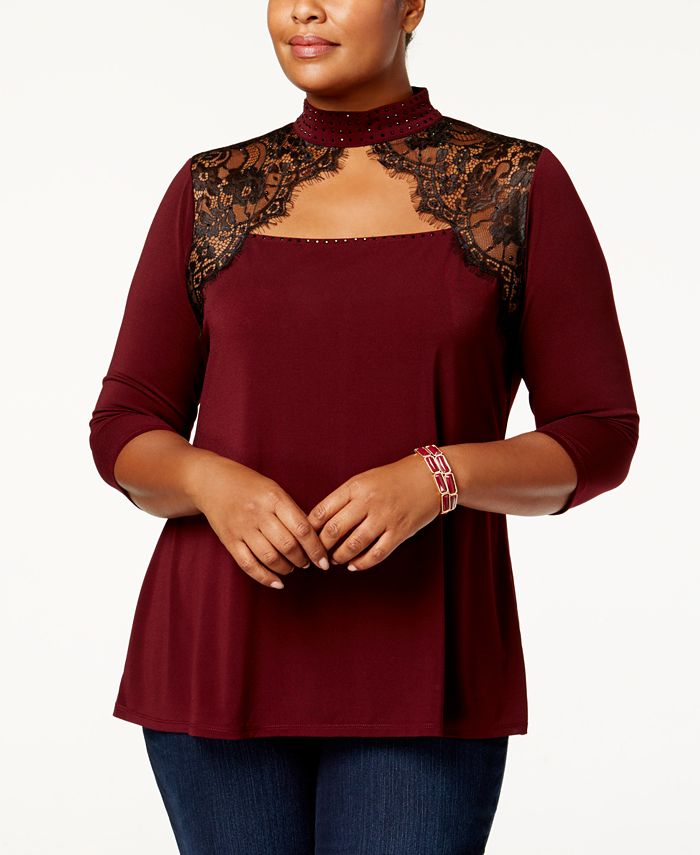 Belldini Plus Size LaceTrim MockNeck Top Macy's