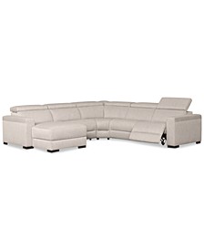 Nevio 124" 5-Pc. Fabric Sectional Sofa with Chaise, 1 Power Recliner and Articulating Headrests, Created for Macy's