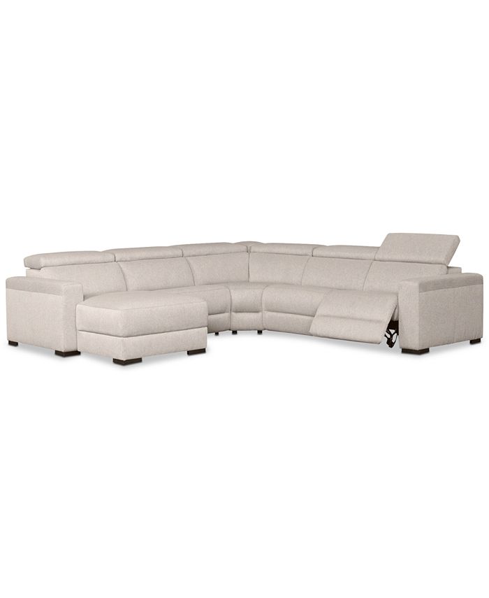 Furniture - Nevio 124" 5-Pc. Fabric Sectional Sofa with Chaise, 1 Power Recliner and Articulating Headrests, Created for Macy's