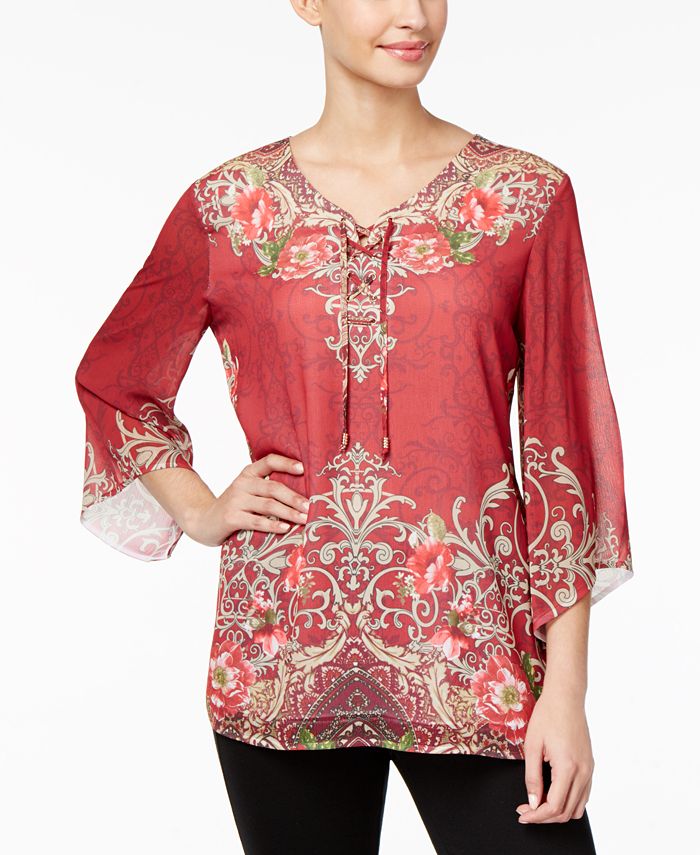 JM Collection Printed Woven Lace-Up Top - Macy's