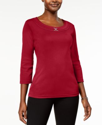 Karen Scott Womens Graphic Embellished Top Pink Size Petite