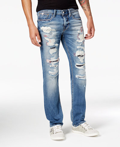 GUESS Men's Vermont Slim-Straight Fit Stretch Destroyed Jeans - Jeans ...