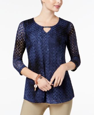 JM Collection - Petite Tie-Dyed Crochet-Lace Keyhole Top