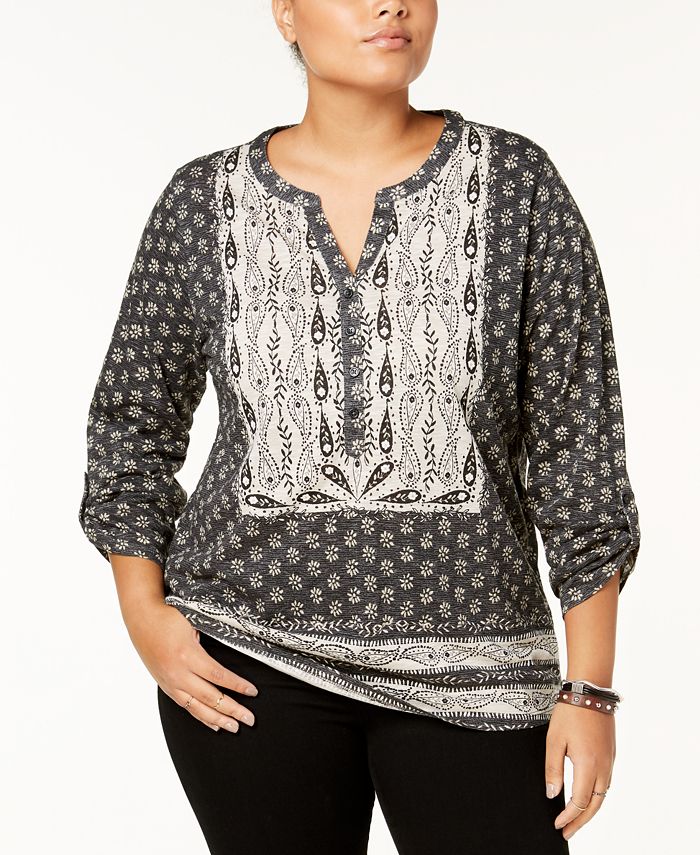 Style & Co Plus Size Cotton Mixed-Print Peasant Top, Created for Macy's ...