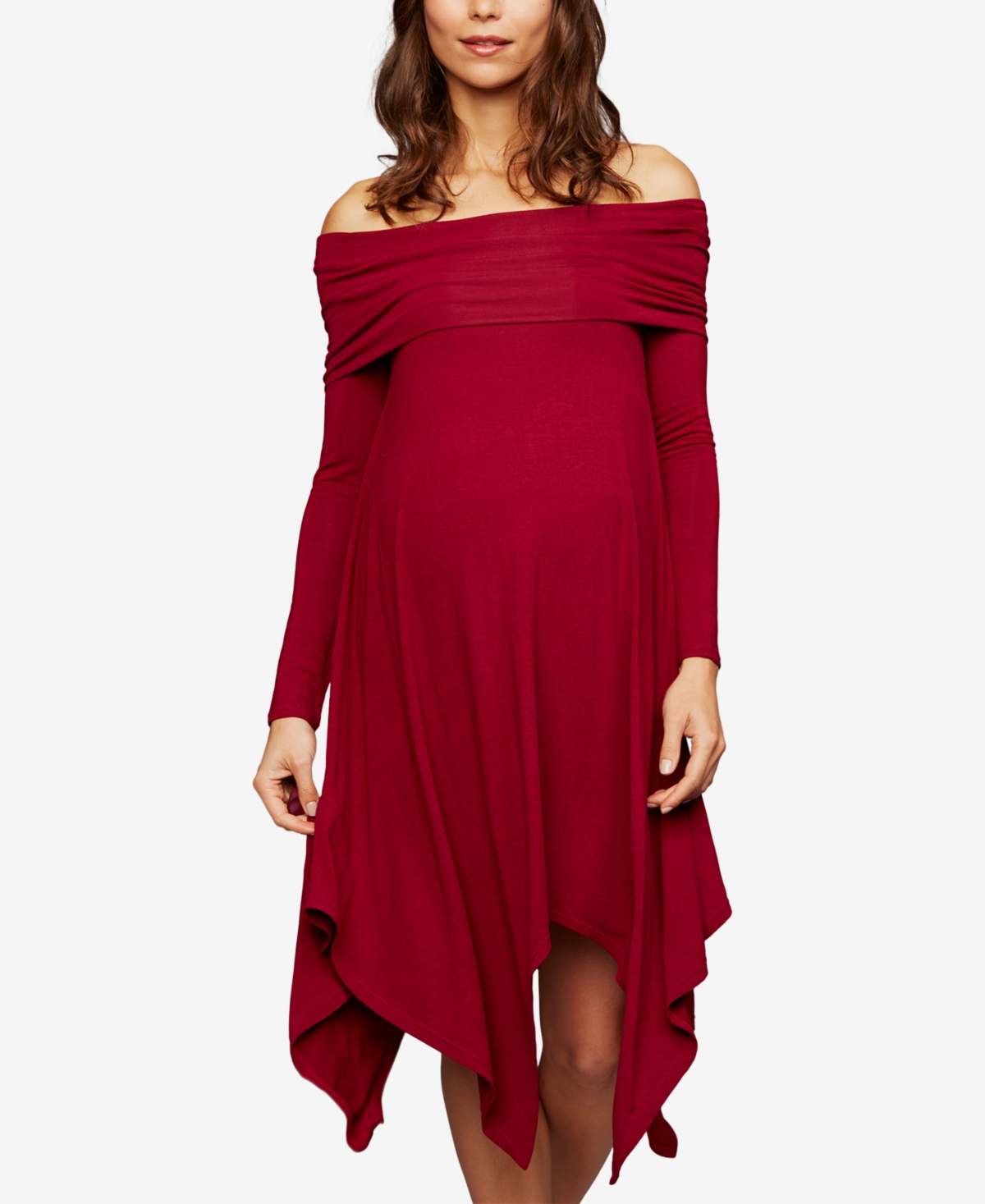 A Pea In The Pod Bcbgmaxazria Maternity Off the shoulder Handkerchief hem Dress In Burgundy ModeSens